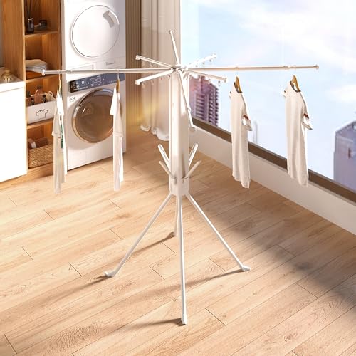 Foldable 4-Legged Clothes Drying Rack, Extra Stable Heavy Duty Laundry Drying Rack with Sock Clips & Shoe Holders, Large Capacity Collapsible Drying Stand for Indoor Outdoor Use