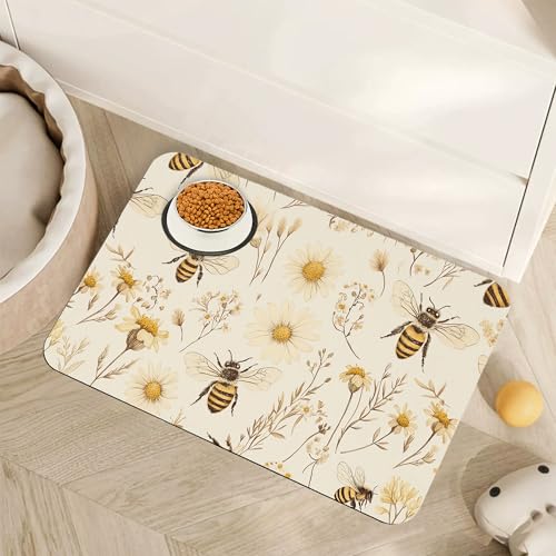 Bees Boho Daisy Floral Dog Food Mat for Floors,Absorbent Pet Food and Water Bowl Mats,Non-Slip Pet Feeding Mat,Pet Supplies 12" x 20" - color: Bees Boho Daisy Floral, size: 12"×20"