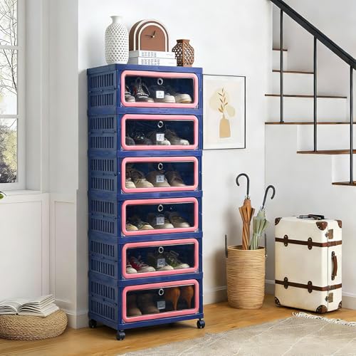 SAYMA Foldable Shoe Rack Organizer, Collapsible Shoe Cabinet with Magnetic Clear Door, Large Plastic Folding Shoe Cabinet, Easy Assembly Shoe Shelves Organizer for Entryway, 6 Tiers-12Pairs - size: 6 Tiers Blue & Pink