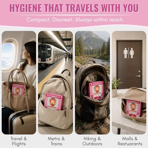 The Restroom Kit Plus: All-in-One Hygiene Travel Kit for Women, 12-Pack with Panty Liner, Patented Seat Cover, 3-Ply Toilet Paper, and Wipes - color: Pink, size: 12 Count (Pack of 1)