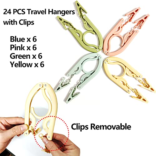 24 PCS Travel Hangers,Portable Folding Clothes Hangers with Clips,Foldable Clothes Drying Rack for Travel,Plastic Foldable Non Slip Clothing Hangers,4 Colors