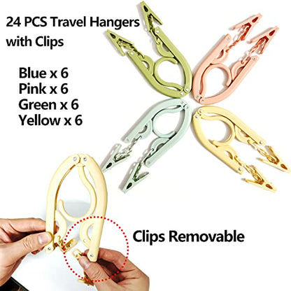 24 PCS Travel Hangers,Portable Folding Clothes Hangers with Clips,Foldable Clothes Drying Rack for Travel,Plastic Foldable Non Slip Clothing Hangers,4 Colors
