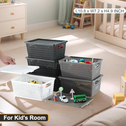 NUMIFUN Storage Bins with Lids, Set of 6, Stackable Woven Design, Black Plastic Containers with Easy Pull Handles, Interlocking Rim, Stackable Storage Boxes with Lids for Pantry, Closet - color: Black