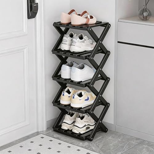 Vertical Black Shoe Rack Small, 5 Tier Portable Folding Shoe Storage Rack, Without Installation Free Standing Shoe Rack for Corridors, Bedrooms Living Room Corner and Small Spaces - size: 5 Tier&Black
