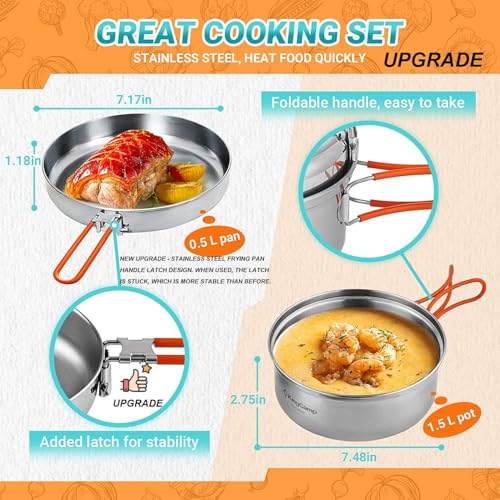 KingCamp 17/25pcs Stainless Steel Camping Cookware Mess Kit Camping Cooking Set Backpacking Gear Lightweight Pots and Pans Set for Camping Hiking Picnic
