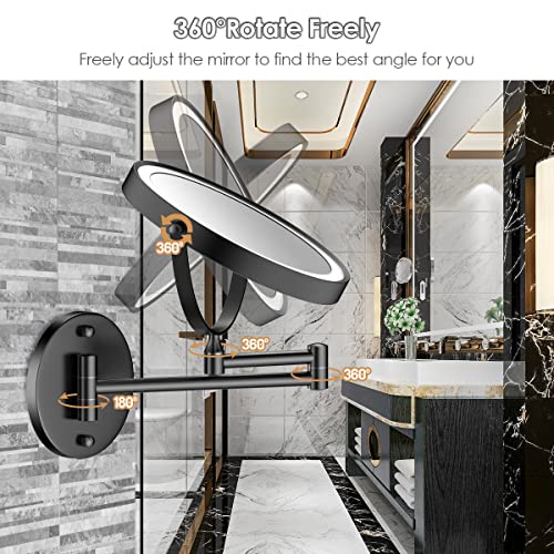 Rocollos Rechargeable Wall Mounted Lighted Makeup Mirror, 8 Inch Double-Sided LED Vanity Mirror 1X/10X Magnification,3 Color Lights Touch Screen Dimmable 360°Swivel 13 Inch Extendable - color: 8 Inch Black