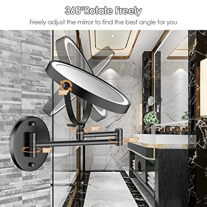 Rocollos Rechargeable Wall Mounted Lighted Makeup Mirror, 8 Inch Double-Sided LED Vanity Mirror 1X/10X Magnification,3 Color Lights Touch Screen Dimmable 360°Swivel 13 Inch Extendable - color: 8 Inch Black