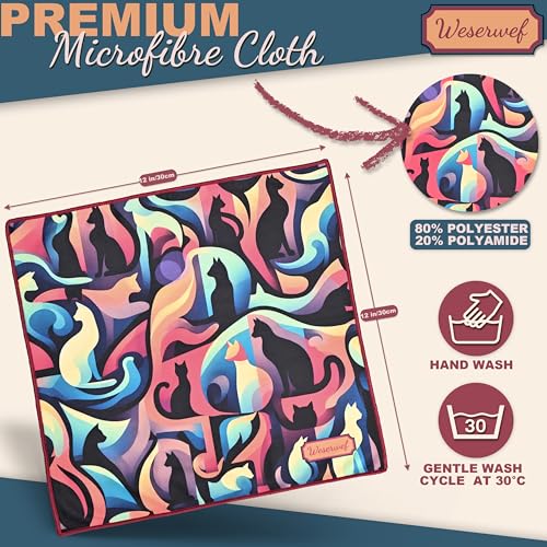 WESERWEF Design Microfiber Glasses Cleaning Cloth – Premium Cleaning Cloth for Eyeglasses, Screens, Tablets, Cameras & Lenses, 12" x 12", Ultra-Soft & Scratch-Free (Cats) - color: cats
