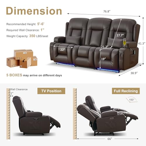URRED Power Loveseat Recliner Sofa with Massage and Heat, Wall Hugger Reclining Loveseat with Console, RV Couch Home Theater Seating with LED Lights for Living Room (Dark Brown, 76.8" - 3 Seats) - color: Dark Brown, size: 76.8" - 3 Seats