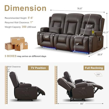 URRED Power Loveseat Recliner Sofa with Massage and Heat, Wall Hugger Reclining Loveseat with Console, RV Couch Home Theater Seating with LED Lights for Living Room (Dark Brown, 76.8" - 3 Seats) - color: Dark Brown, size: 76.8" - 3 Seats