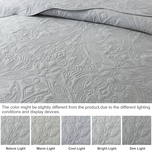 HoneiLife Quilt Set Queen Size - 3 Piece Queen Quilt Bedding Set Microfiber Quilt Sets Lightweight Bedspreads Reversible Coverlets Retro Bed Cover Floral Bedding Set All Season Quilts-Light Grey - color: Grey, size: Queen/Full-90"x96"