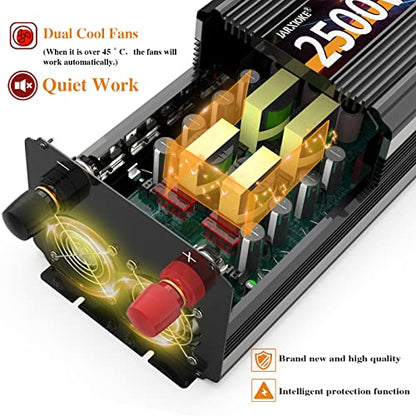 2500W Power Inverter 12V DC to AC 110V/120V (Peak) 5000W Converter 3 sockets car Inverter with Remote Control and LED Display 3.4A USB Port - size: 12v-2500W