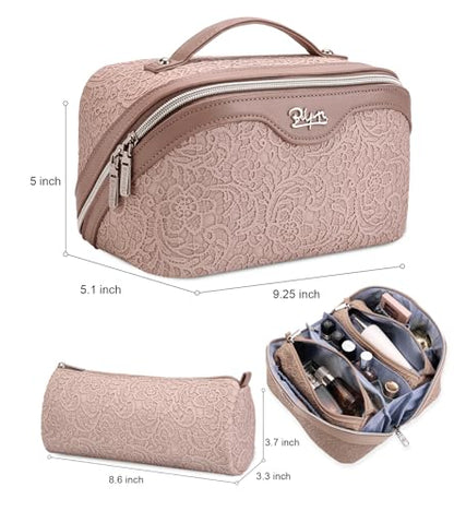 BOYATU Travel Makeup Bags Cosmetic Organizer Bag: 3-Set Large Capacity Make up Bag - PU Leather Toiletry Bags for Women - Wide Open Portable Pouch with Divider & Handle (A-Light Pink) - color: A-Light Pink