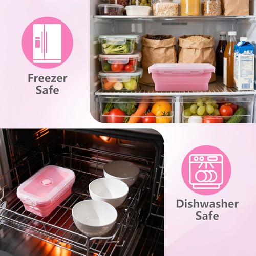 Collapsible Silicone Food Storage Containers with Lids, 3 Pack Foldable Food Containers,Silicone Collapsible Bowls For Camping, Microwave Freezer Dishwasher Safe (Pink 350ml 500ml 800ml)