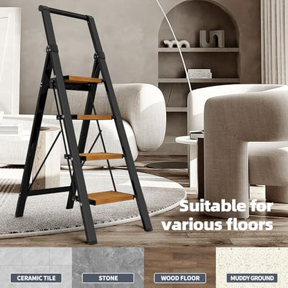 HillhutApex Step Ladder, Aluminum Lightweight Folding 4 Step Stool with Anti-Slip Wide Pedal, 330lbs Capacity Steel Ladder for Household and Office - color: Black&woodgrain, size: 4 Step With Handrail