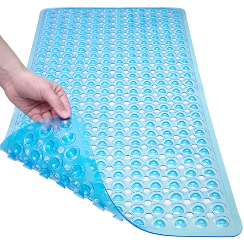 TEESHLY Bath Mat for Tub & Shower, Non Slip Soft Bathmat with Suction Cups & Drain Holes, Machine Washable Bathtub Floor Liner Mats for Bathroom, 35x16 Inch, Clear Blue - color: Blue (Translucent)