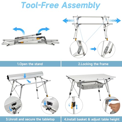 Camping Table Portable Foldable with Adjustable Legs, Aluminum Roll Up Table with Large Mesh Storage Layer & Carrying Bag, Lightweight Outdoor Picnic Table for Camping, Beach, BBQ, Backyard