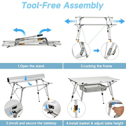 Camping Table Portable Foldable with Adjustable Legs, Aluminum Roll Up Table with Large Mesh Storage Layer & Carrying Bag, Lightweight Outdoor Picnic Table for Camping, Beach, BBQ, Backyard