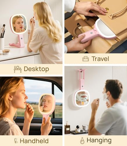 Gospire 6.8" Travel Vanity Mirror, 3-in-1 Hanging/Handheld/Desktop Use with Dual-Side Buttons, 1X/10X Magnification, 3-Color Dimmable LED, Auto Memory + Velvet Pouch (Pink) - color: Pink