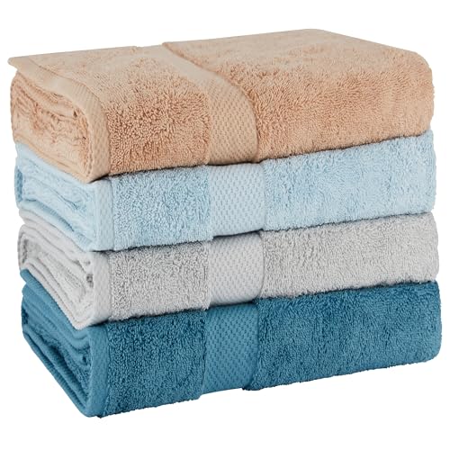BolBom Towels 4 Pack Medium Bath Towel Set, 27“X54” Inches, 500 GSM 100% Ring Spun Cotton, Lightweight and Highly Absorbent Quick Drying Premium Towels for Hotel,Spa,Bath and Bathroom - color: Sapphire, Silver, Sky Blue, Toast