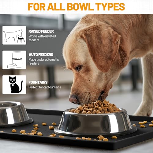 Hubulk Dog Feeding Mat,100% Waterproof Food Grade Silicone Pet Food and Water Bowl Placemat,Dishwasher, High Raised Edge to Prevent Spills,Nonslip Tray to Stop Messes on Floor（28"x18"x0.8", Black） - color: Black, size: 28"l X 18"w