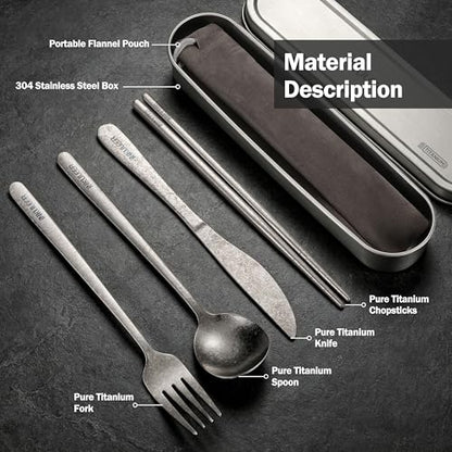 iNKULEER 100% Pure Titanium Travel Cutlery Set | Reusable Utensils with Metal Case | Portable Silverware for Camping, Office, Travel & Outdoor Dining - color: Pure Titanium