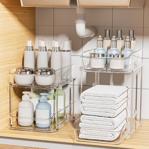 Delamu 2-Tier Under Sink Organizers and Storage, Multi-Purpose Stackable Bathroom Cabinet organizers, Pull Out Kitchen Pantry Organization and Storage with Dividers(2 Pack, Clear) - color: Clear, size: 2 Pack