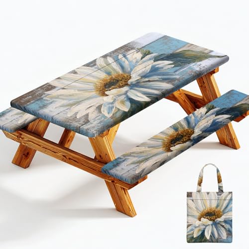 Picnic Table Cover with Bench Covers Elastic Edges, Outdoor Patio Camping Essentials 72 Inch 3PCS, Waterproof Camping Fitted Tablecloth with Handbags (Wood flower) - color: Wooden board watercolor chrysanthemums, size: 72" x 30" (Rectangular)