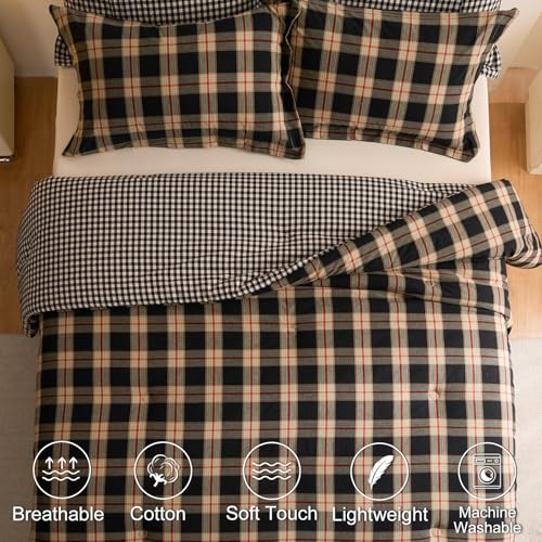 100% Cotton Comforter Set Full Size – Reversible Yarn-Dyed Checkered Design, Soft Washed Cotton on Both Sides, Lightweight All-Season Bedding, Machine Washable(Black Red Plaid, 80”x90”) - color: Black Red, size: Full(80"x90")