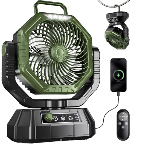 HAWANA Oscillating Camping Fan with Light and Remote, Battery Powered Hanging Tent Fan, Portable Rechargeable Fan for Outdoor, Camp, Fishing, RV Travel, Emergency Power Outage and Jobsite - color: Olive Green