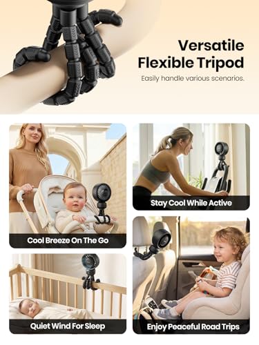 Warmco Portable Stroller Fan, 4000mAh Rechargeable Clip On Fan with Flexible Tripod (Up to 15H), 4 Speeds, LED Display, Detachable Grille, Quiet Operation, for Car Seat, Crib & Treadmill - color: Black