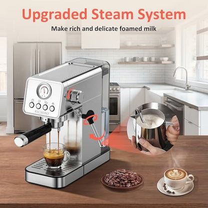 AYCHIRO 20 Bar Semi-Automatic Espresso Machine, Adjustable Espresso Machine with Pressure Gauge, Compact Espresso Maker with Steam Wand, Cup Warmer for Home & Office - color: Stainless Steel