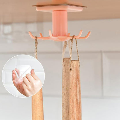Rotatable 6-Hook Wall Mounted Organizer Rack for Kitchen and Bathroom Punch-Free Installation Space-Saving Holder for Utensils and Accessories on Smooth Surfaces