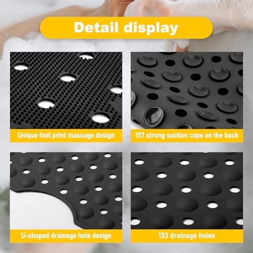 Silicone Bath Tub Mat Non Slip, 36"x16" Shower Foot Scrubber Mat with Drain Holes and Suction Cups, Upgraded Bathtub and Shower Mats, Machine Washable Bathtub Floor Liner Mats for Bathroom (Black) - color: Black