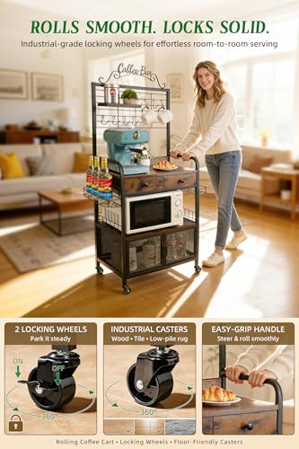 Rolling Coffee Bar Cart for Small Spaces, Coffee Station Cabinet with Storage, Apartment Coffee Nook, Side Syrup Rack, Tea Pod Drawer, Magnetic Doors, Lockable Wheels, Rustic Brown - color: Black & Brown