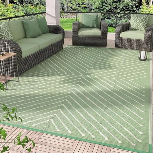 Garvee 6x9 Modern Striped Outdoor Camping Rug Waterproof Reversible, Plastic Straw Patio Mat for RV, Backyard, Balcony, UV Protected Green Outdoor Carpet, Green White. - color: Greenwhite, size: 6' x 9' (Rectangular)