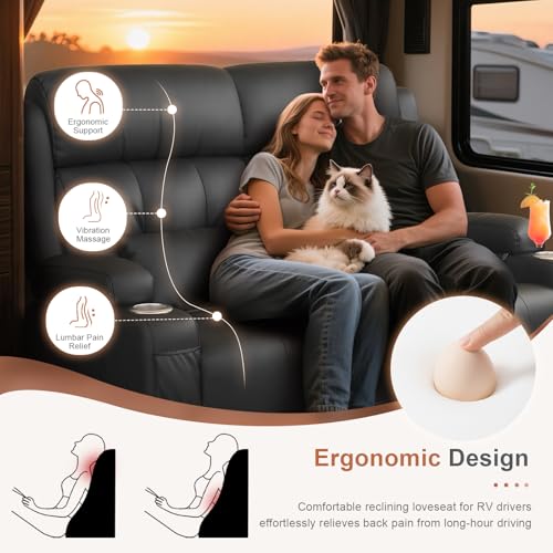 Power RV Loveseat Recliner Sofa, Reclining Loveseats Couch for RV Furniture, Home Theater Seating with Heat Massage, USB, Insert Pockets, Cup Holders, 150° Wall Hugger RV Recliners Sleeper Sofas - color: Dark Gray, size: Loveseat-G1-Power