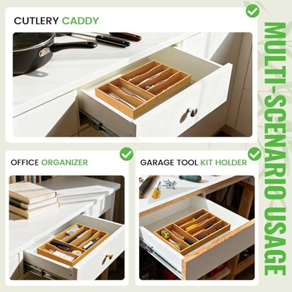 Bamboo Silverware Organizer, Bamboo Kitchen Drawer Cutlery Organizer, Utensil Holder, Flatware Organizer Tray (15.8"x9.5"x1.6") - size: Medium