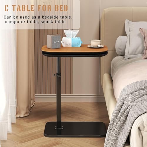 C Shaped Side Table,Adjustable Height C Shaped End Table,360°Swivel Couch Tables that Slide Under,Double Tabletop Under Couch Table for Living Room,Bedroom,Small Spaces