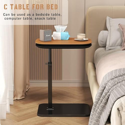 C Shaped Side Table,Adjustable Height C Shaped End Table,360°Swivel Couch Tables that Slide Under,Double Tabletop Under Couch Table for Living Room,Bedroom,Small Spaces
