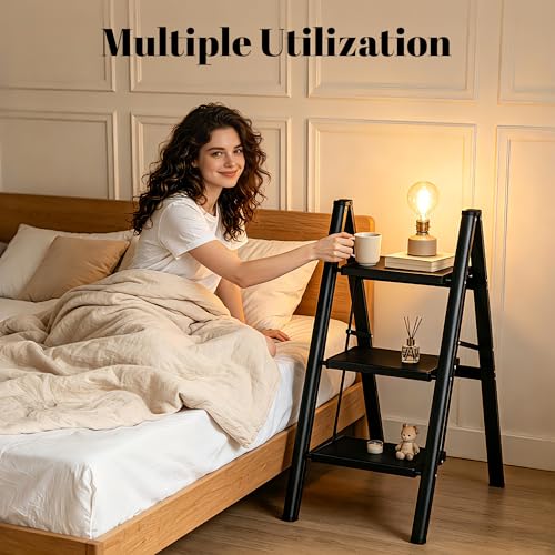 HBTower 3 Step Ladder, Lightweight Aluminum Folding Step Stool, Step Stool Foldable with Wide Anti-Slip Pedal, 330lbs Capacity for Home and Kitchen, Black