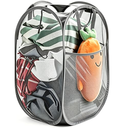 Strong Mesh Pop-up Laundry Hamper,HOUSE AGAIN Quality Pop Up Hampers for Laundry with Durable Handles Solid Bottom High Carbon Steel Frame, Easy to Open and Fold for Storage(Grey) - color: Gray, size: 1-Pack