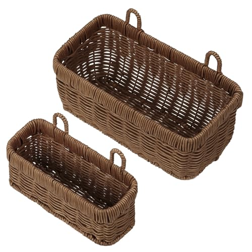 Tioncy 2 Pcs Woven Hanging Wall Baskets for Storage Boho Style Hanging Storage Plastic Woven Baskets with 4 Hooks for Kitchen Garden Living Room - color: Brown, size: Boho