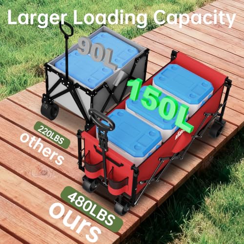 Extra Long Collapsible Wagon Cart, 480LBS Heavy Duty Utility Wagons with All-Terrain Wheels, Foldable Grocery Carts for Gardening, Shopping, Beach, Camping, Cherry Red - color: Cherry Red