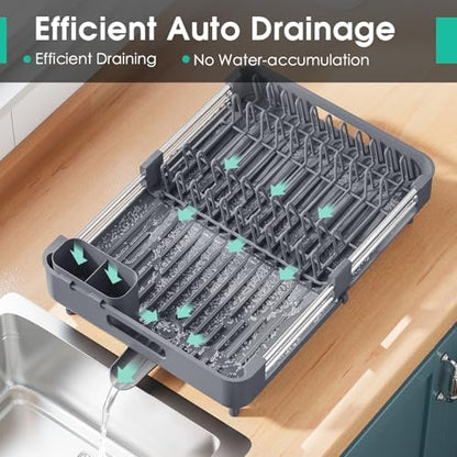 TOOLF Dish Drying Rack, Expandable Dish Rack for Kitchen Counter, Anti-Rust Dish Drainer, Sink Organization and Storage Essentials with Cutlery & Cup Holder, Gray - color: Gray
