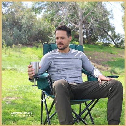ARROWHEAD OUTDOOR Deluxe Folding Camp Chair – 550lb Capacity Heavy-Duty Quad Chair with Integrated Cooler, Headrest, and Dual Cup Holders. - color: Emerald