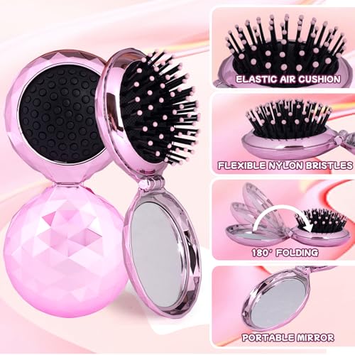 Shinning Diamond Design Folding Hair Brush Travel Hairbrush with Mirror,Pocket Foldable Comb Compact Brush for Purse for Girls and Women (Light Pink) - color: Diamond Light Pink