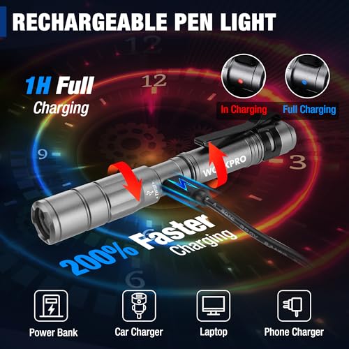 WORKPRO Rechargeable Pen Light, Mini Flashlight, 2 Pack Ultra-Compact EDC Flashlight, Pocket Flashlight with Clip, Memory Function and 2 x USB C Cable Included, Gray - color: Gray