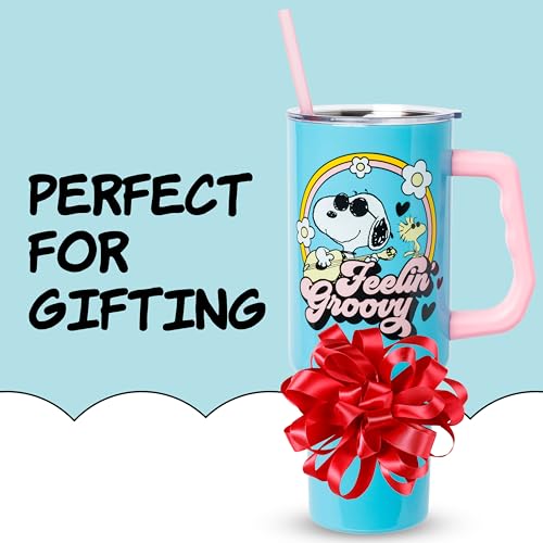 Silver Buffalo Peanuts Featuring Snoopy and Woodstock Feelin' Groovy Double Walled Stainless Steel Tumbler with Handle and Straw, Fits in Standard Cup Holder, 40 Ounces - color: Peanuts Feeling Groovy