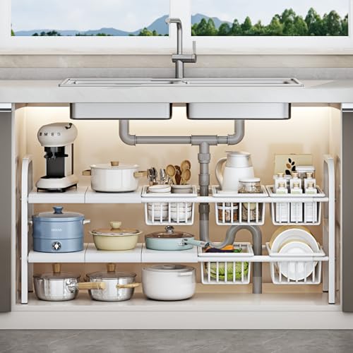 Under Sink Organizer，2 Tier Expandable Heavy Duty Metal Shelf，with 5 Removable Panels and 5 Storage Basket for Under Kitchen Bathroom Sink Organizers and Storage (White, X-Large) - color: White, size: X-Large
